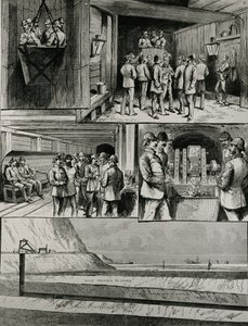 Las obras del túnel del Canal en Dover: Bajando en la jaula; Llegada al fondo del pozo; Swindon Junction; Máquina perforadora de aire comprimido; Sección del túnel, de 